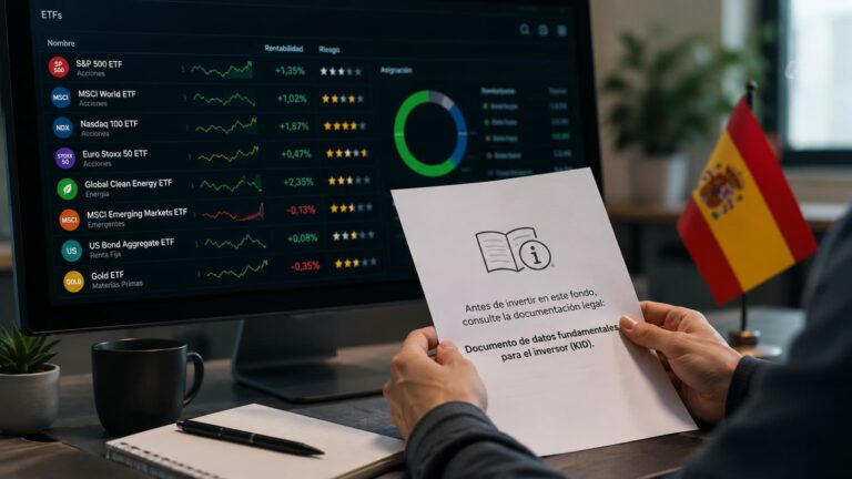 Pantalla de inversión con ETFs y aviso de documentación KID en España