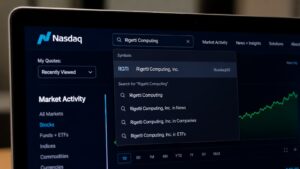 Pantalla de una plataforma con la búsqueda de Rigetti Computing en Nasdaq.