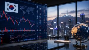 Pantallas de mercado con acciones coreanas y acceso internacional para inversores