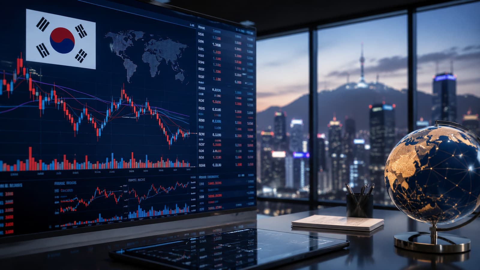 Pantallas de mercado con acciones coreanas y acceso internacional para inversores