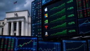 Pantallas de mercado con valores tecnológicos tras la decisión de la Fed