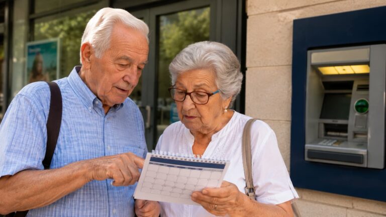 Pensionistas consultan el calendario de pagos de julio en Madrid.