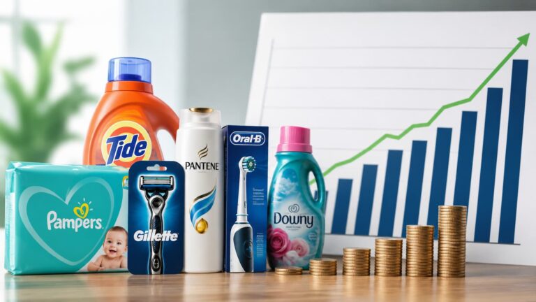 Productos de P&G y gráfico de dividendos para inversores.