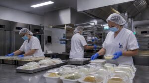 Profesionales preparan las dietas de los pacientes en la cocina del Hospital Torrecárdenas.