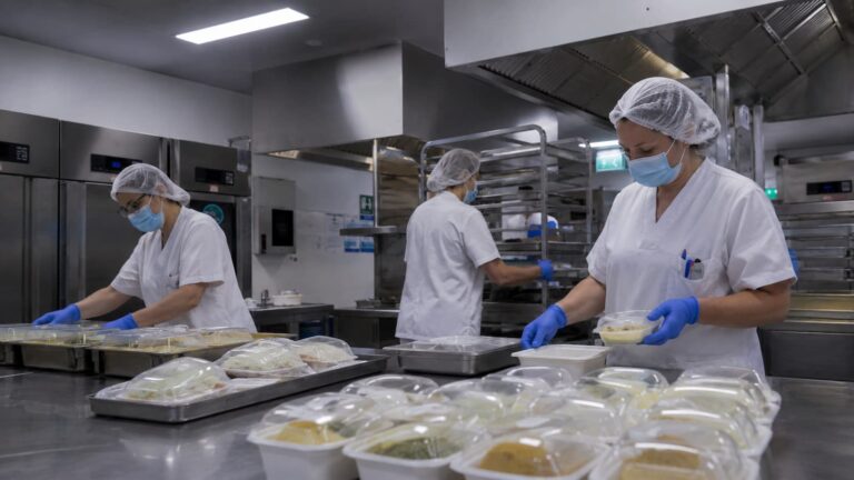 Profesionales preparan las dietas de los pacientes en la cocina del Hospital Torrecárdenas.