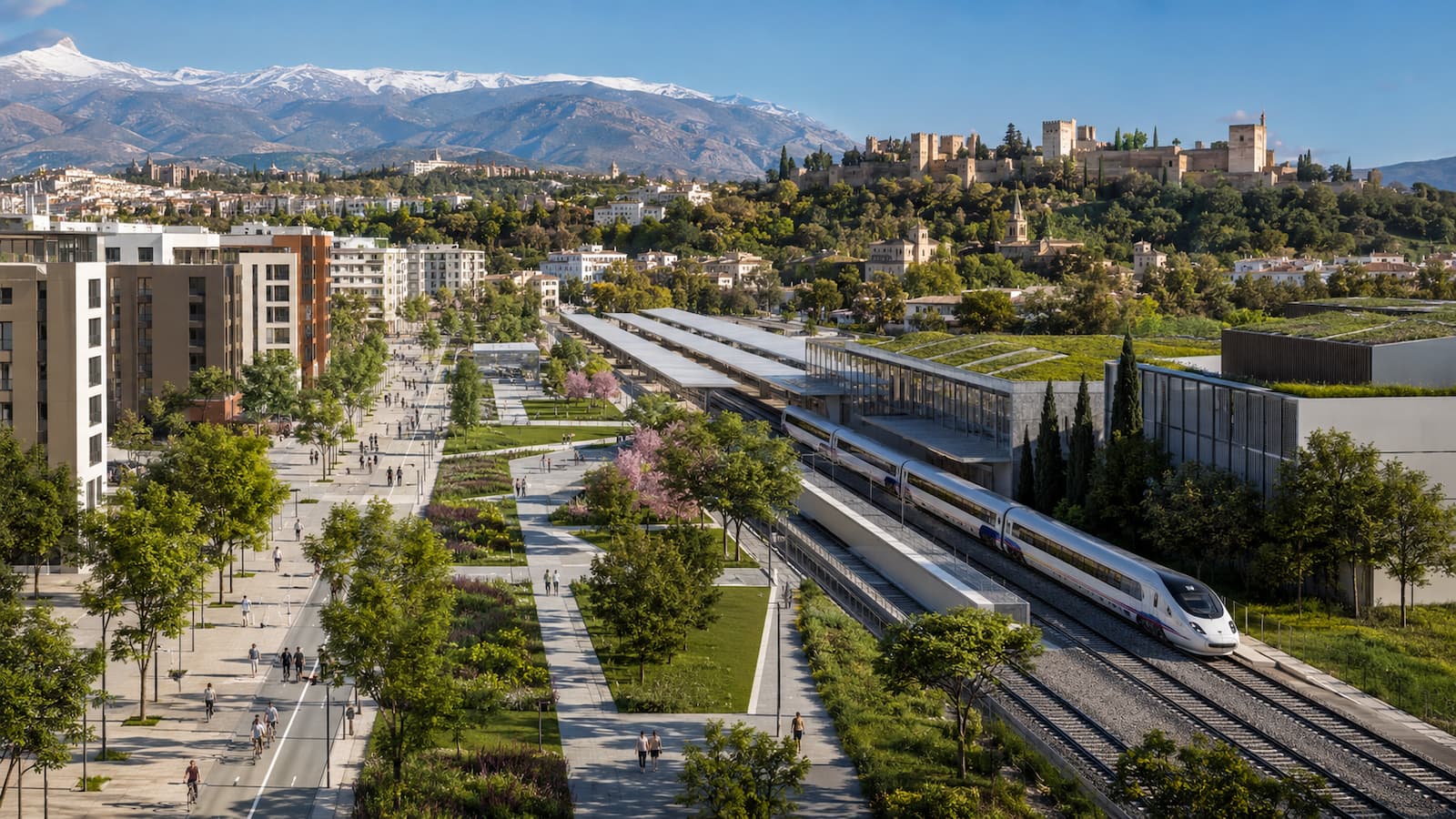 Recreación del entorno ferroviario de Granada tras la integración urbana planteada por Adif con nuevas zonas verdes y mejoras de conexión entre barrios.