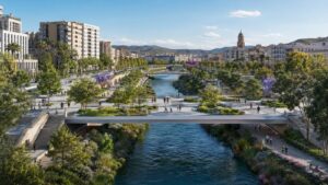Recreación del proyecto de integración urbana del río Guadalmedina con plazas puente corredor verde y nuevas conexiones peatonales entre ambas márgenes.