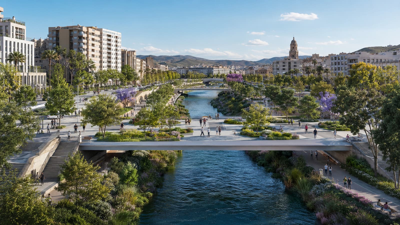 Recreación del proyecto de integración urbana del río Guadalmedina con plazas puente corredor verde y nuevas conexiones peatonales entre ambas márgenes.