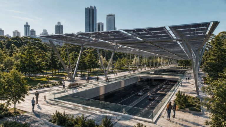 Recreación y obras de Parque Castellana donde Madrid instalará una pérgola fotovoltaica monumental para suministrar energía al futuro túnel del norte de la Castellana.
