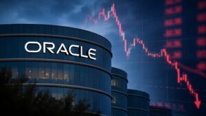 Sede de Oracle y gráficos de mercado tras su caída bursátil.