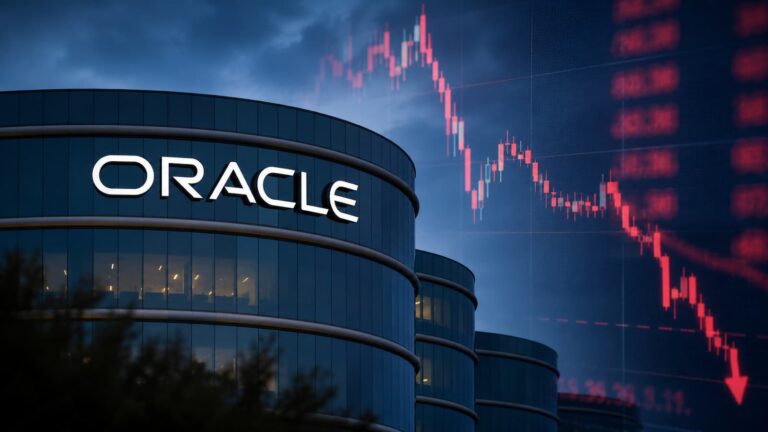 Sede de Oracle y gráficos de mercado tras su caída bursátil.