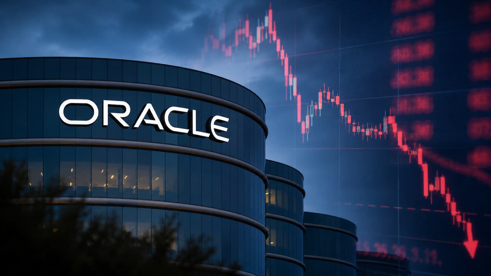 Sede de Oracle y gráficos de mercado tras su caída bursátil.
