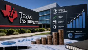 Sede y logo de Texas Instruments junto a datos de dividendo de TXN