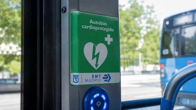 Señal de “Autobús cardioprotegido” en un vehículo de EMT Madrid.