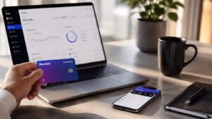 Tarjeta y panel de Revolut Business en una mesa de trabajo