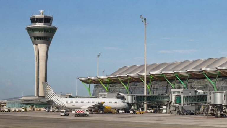 Torre y terminal de un aeropuerto de Aena con operativa en pista.