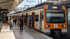 Tren de Rodalies con viajeros en una estación de Cataluña