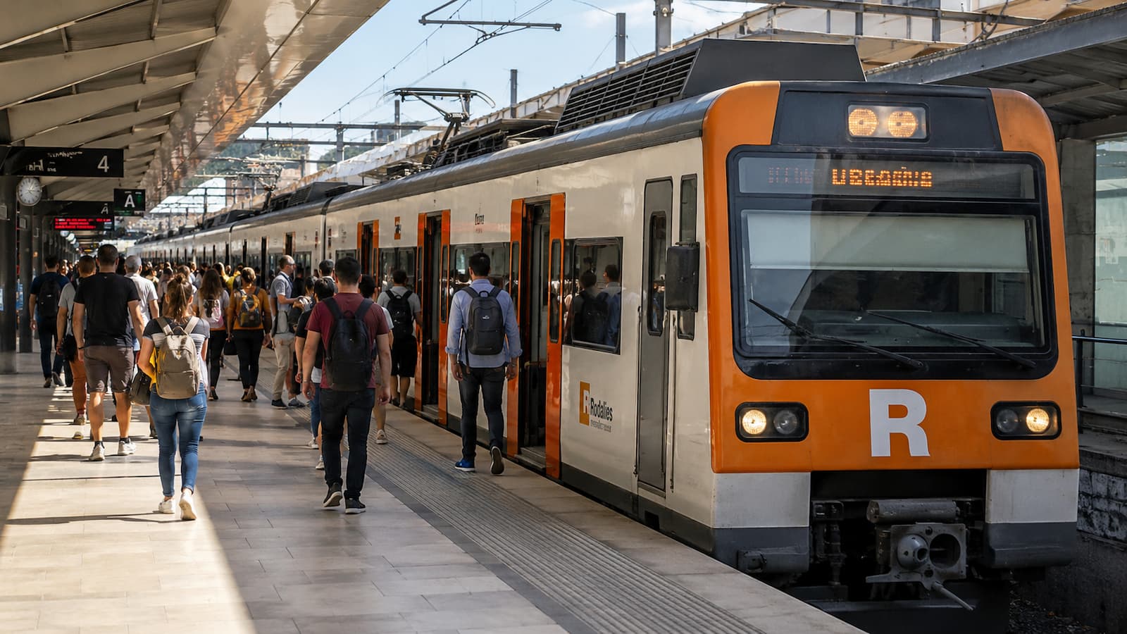 Tren de Rodalies con viajeros en una estación de Cataluña