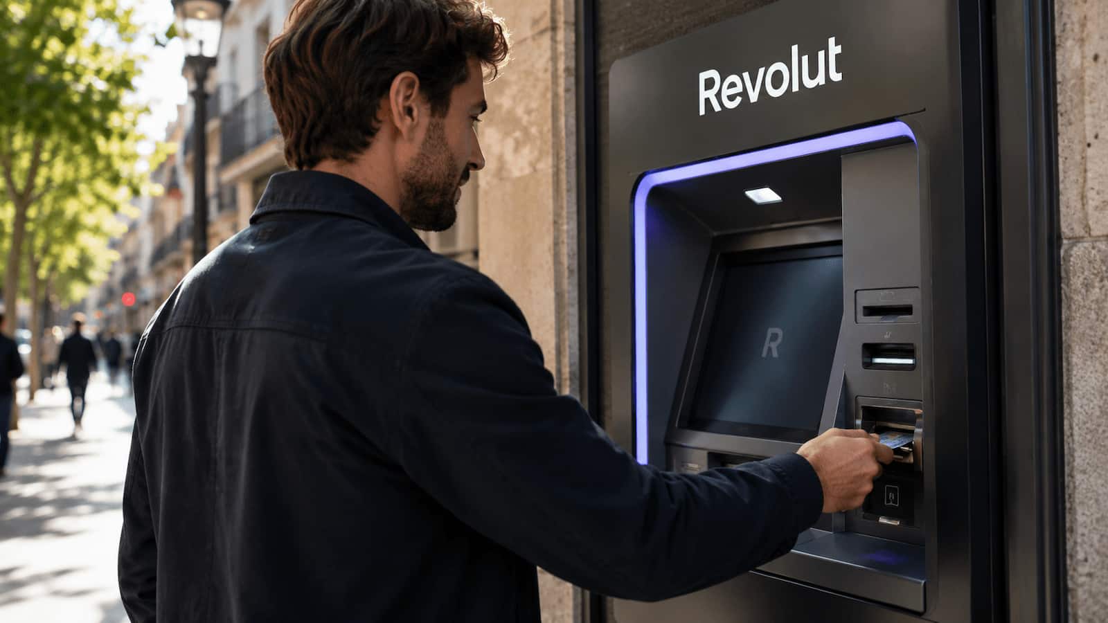 Un cajero de Revolut en España donde la red propia evita algunos costes de retirada.