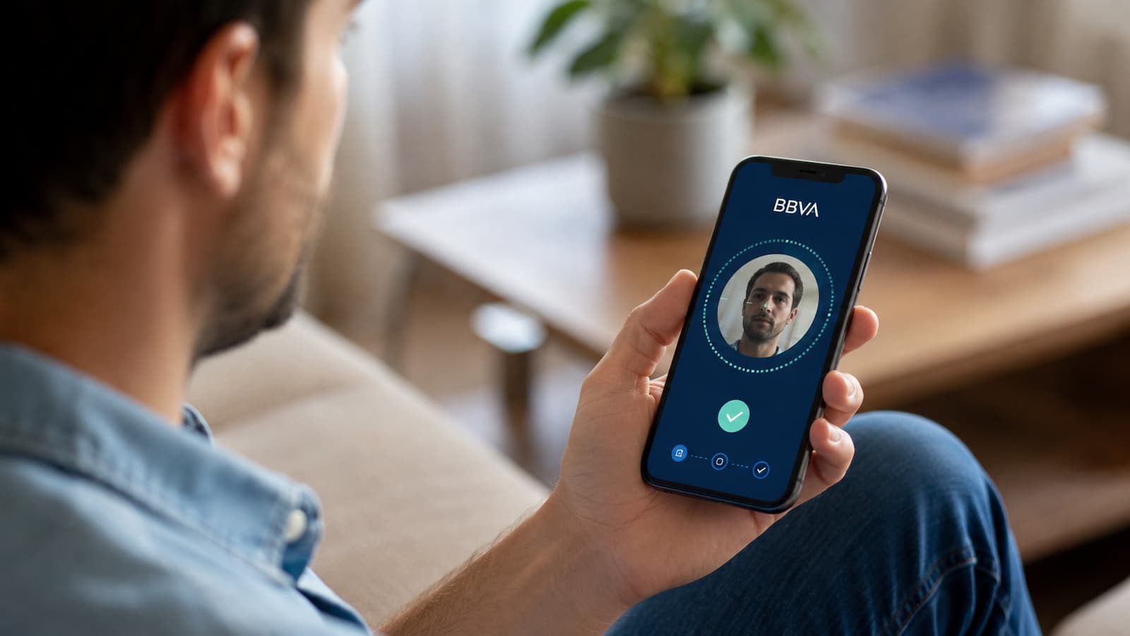 Un cliente usa la app de BBVA para verificar su identidad por teléfono.