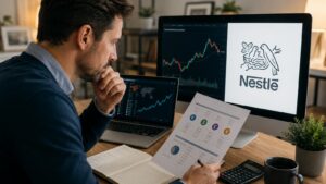 Un inversor revisa costes y divisa antes de comprar acciones de Nestlé.