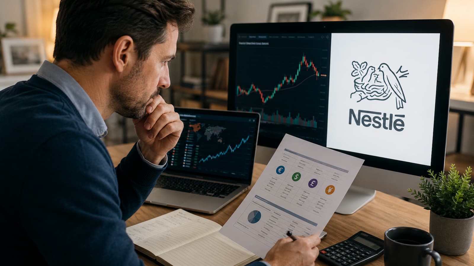 Un inversor revisa costes y divisa antes de comprar acciones de Nestlé.