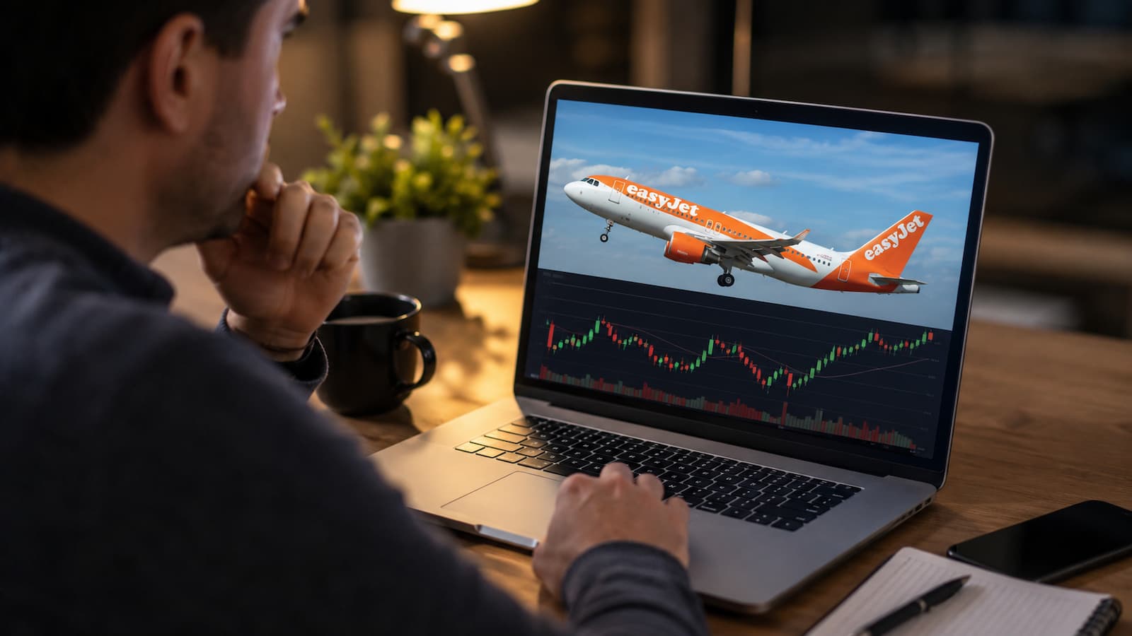 Un inversor revisa la cotización de easyJet antes de comprar acciones.