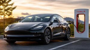 Un vehículo Tesla ante una estación de carga de la compañía