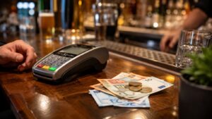 Una barra de bar con datáfono y efectivo símbolo del debate sobre comisiones.