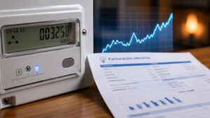 Una factura eléctrica junto a un contador digital durante un repunte del mercado mayorista.