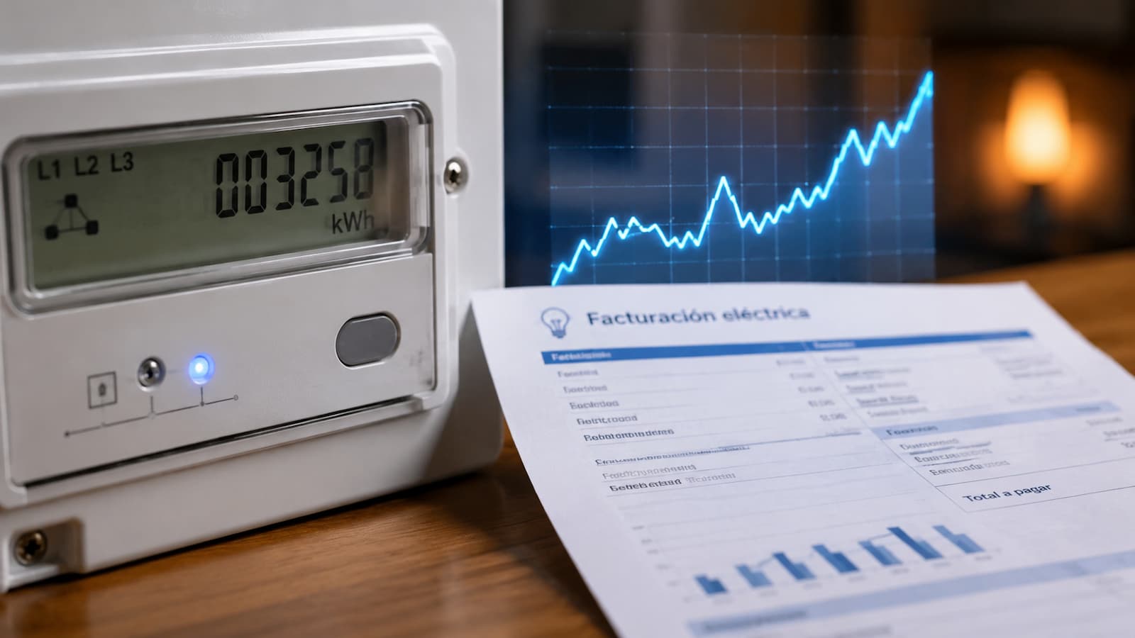 Una factura eléctrica junto a un contador digital durante un repunte del mercado mayorista.