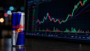 Una lata de Red Bull junto a una pantalla de bolsa.