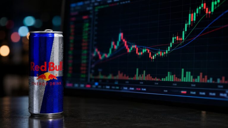 Una lata de Red Bull junto a una pantalla de bolsa.
