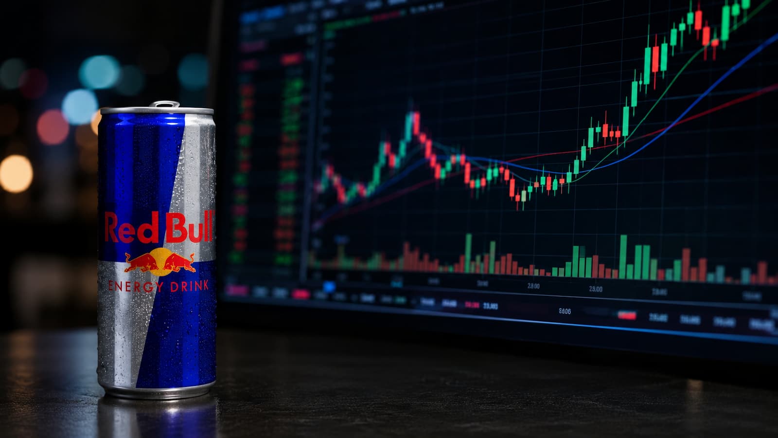 Una lata de Red Bull junto a una pantalla de bolsa.