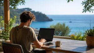 Una persona teletrabaja con un portátil en verano una práctica que puede generar problemas si el lugar no está autorizado por la empresa