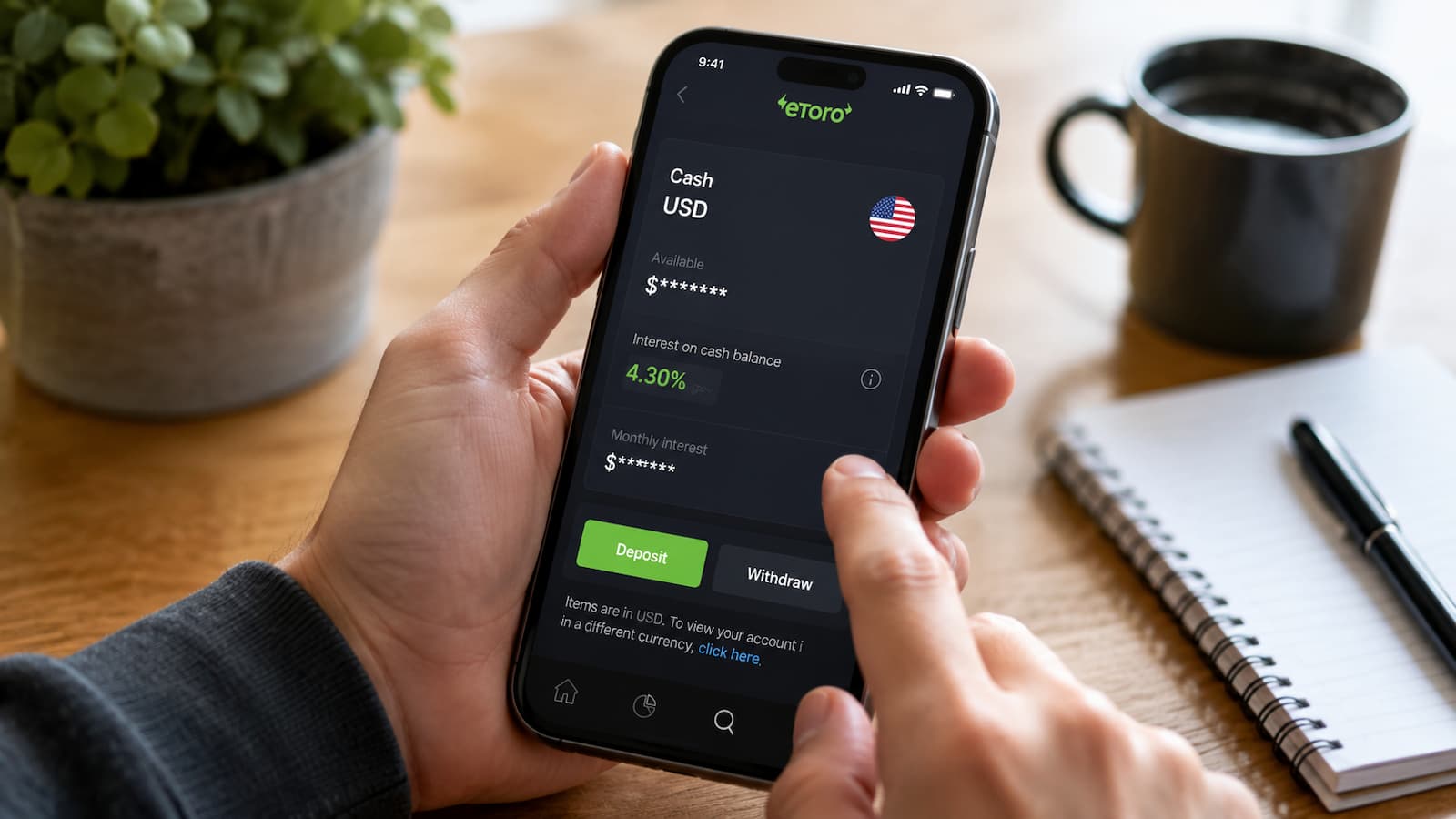 Usuario revisa en eToro la remuneración del efectivo no invertido en dólares