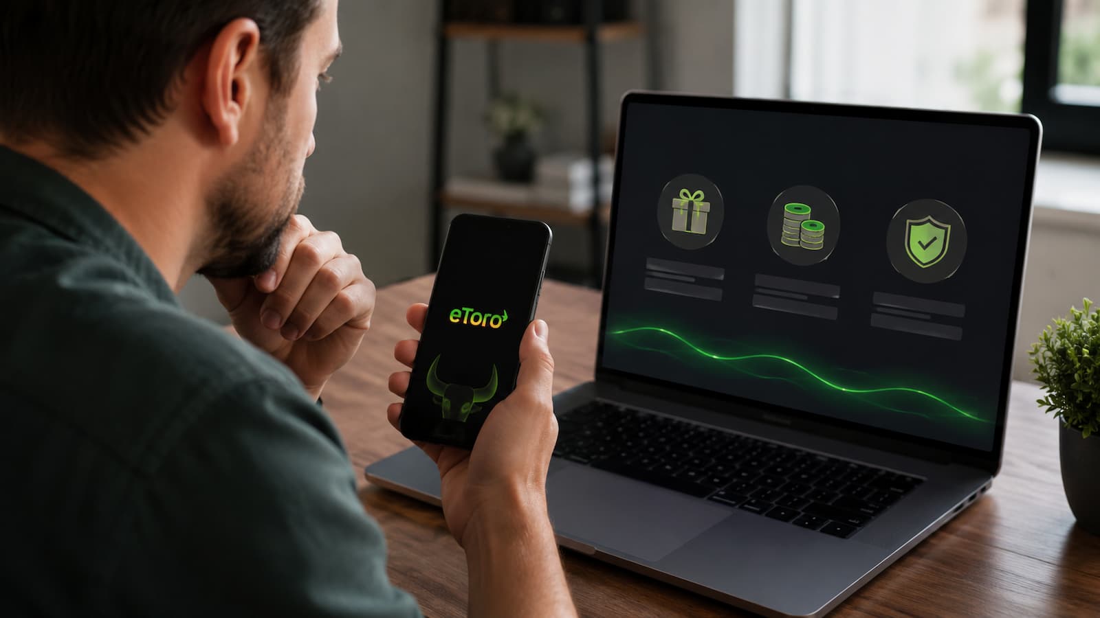 Usuario revisando condiciones de una promoción de eToro antes de invertir