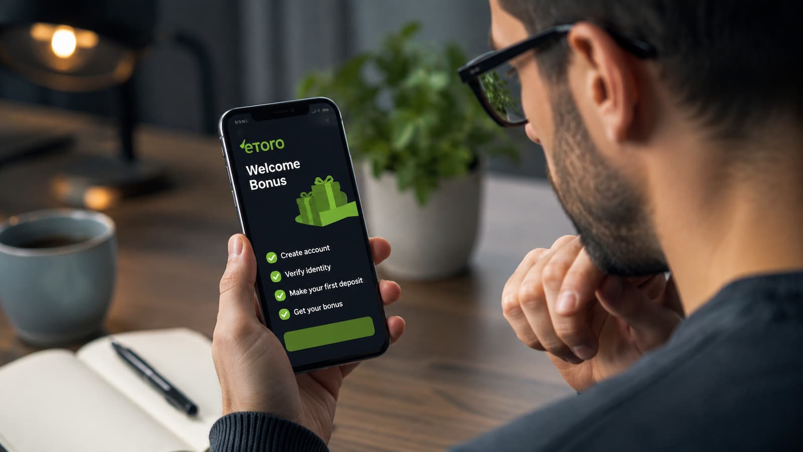 Usuario revisando condiciones del bonus de bienvenida de eToro