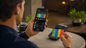 Usuario revisando la app de bunq antes de pagar con tarjeta o Apple Pay