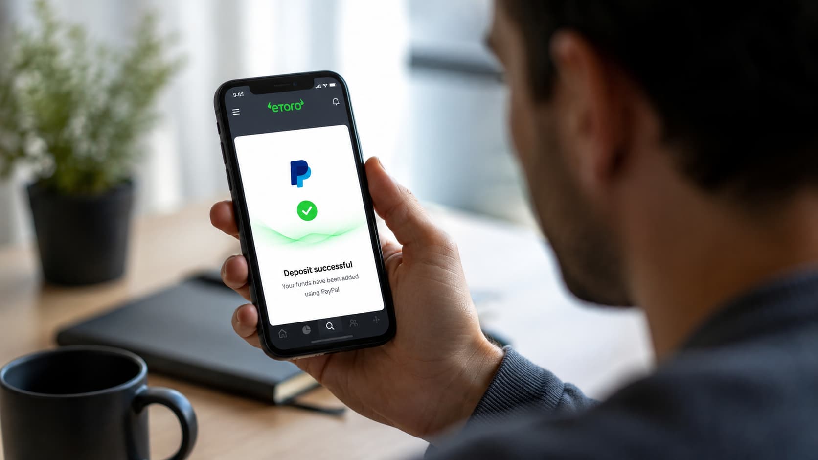Usuario revisando un ingreso en eToro con PayPal.