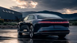 Vehículo eléctrico de Lucid; la compañía afronta dudas de liquidez y ejecución.