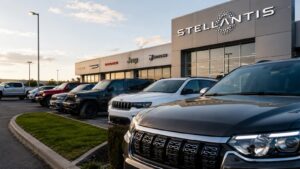 Vehículos de Stellantis en concesionario; Norteamérica impulsa el rebote del trimestre