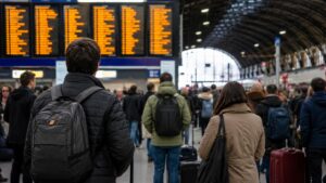 Viajeros esperan en una estación tras nuevos retrasos ferroviarios.