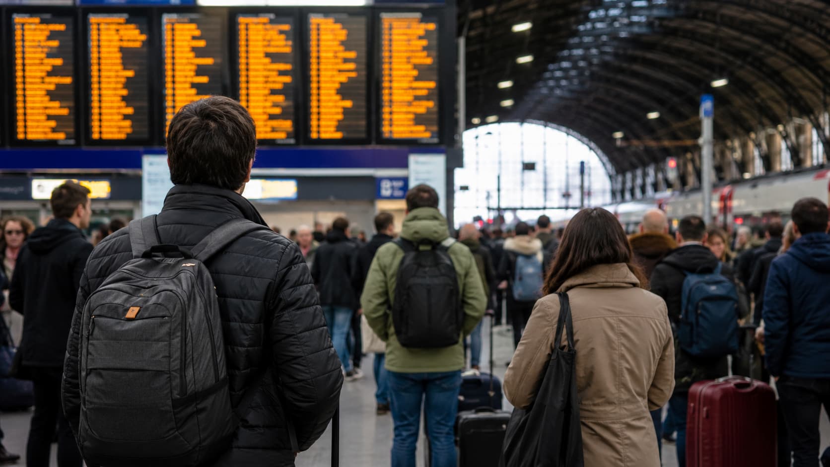 Viajeros esperan en una estación tras nuevos retrasos ferroviarios.