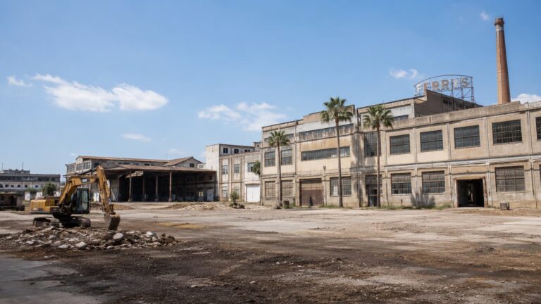 Vista del antiguo complejo industrial de Ferry’s en Canals donde han empezado los trabajos previos para su transformación en parque comercial.