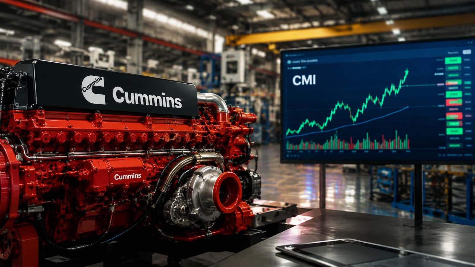 Motor industrial de Cummins junto a una pantalla con la cotización CMI.